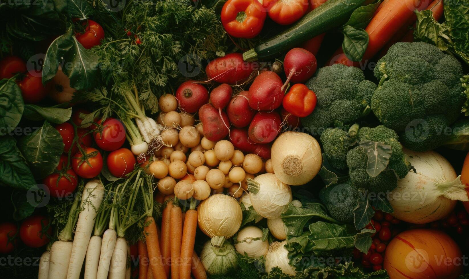 AI generated Harvest of fresh organic vegetables on the table. Selective focus. nature. Top view. photo