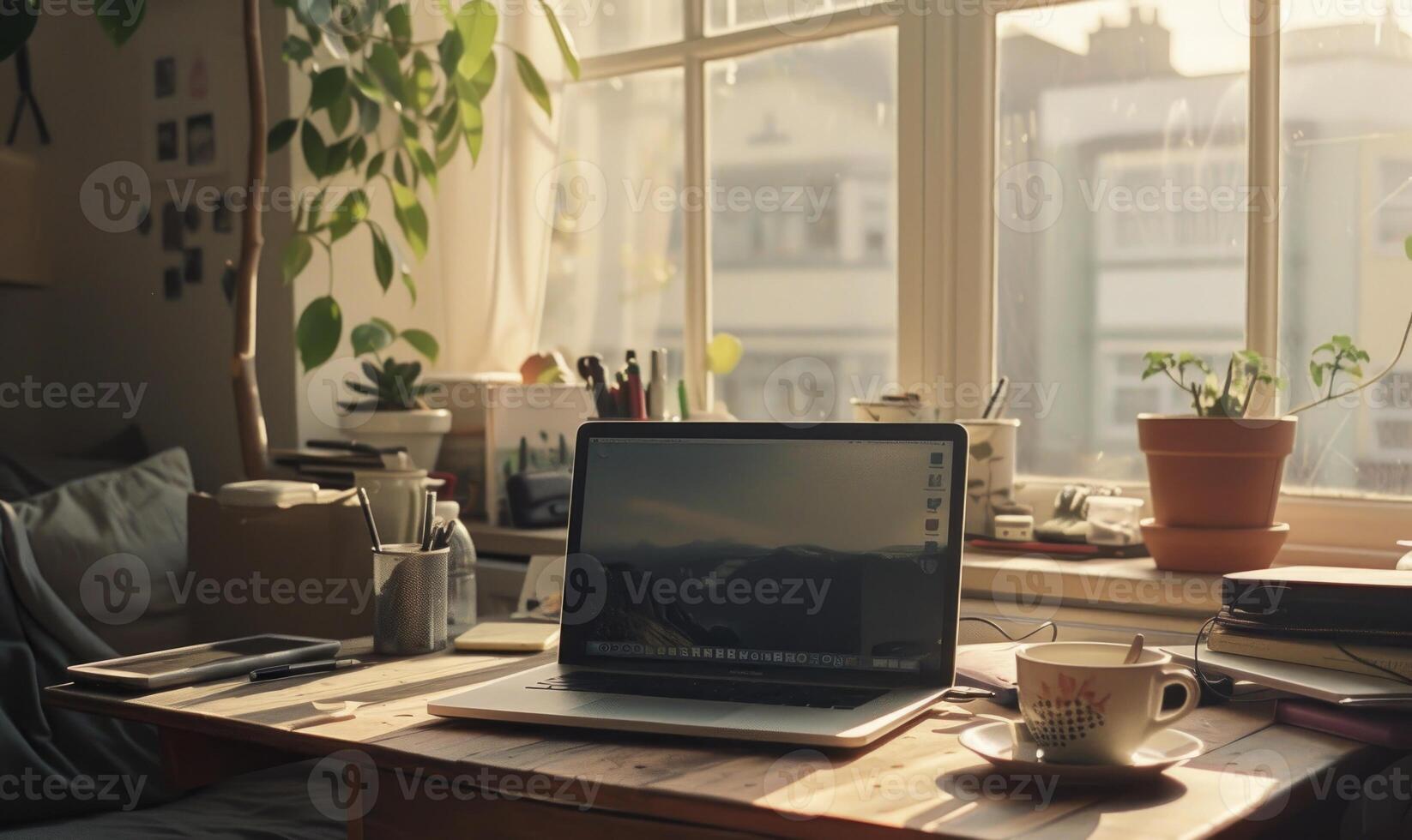 AI generated Laptop and coffee cup on table in home office, Work from home concept photo