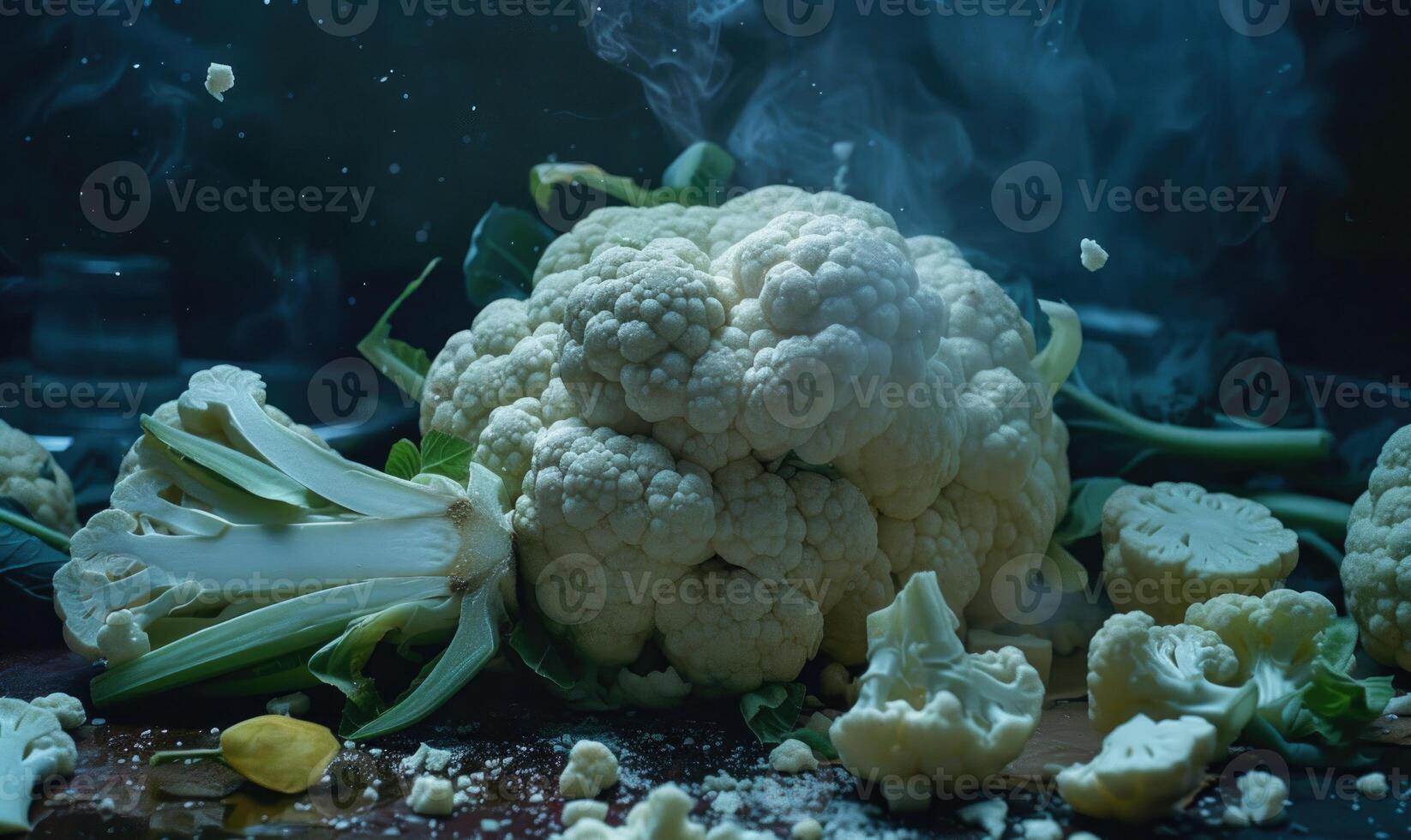 AI generated Cauliflower background. Cauliflower in blue toning. photo