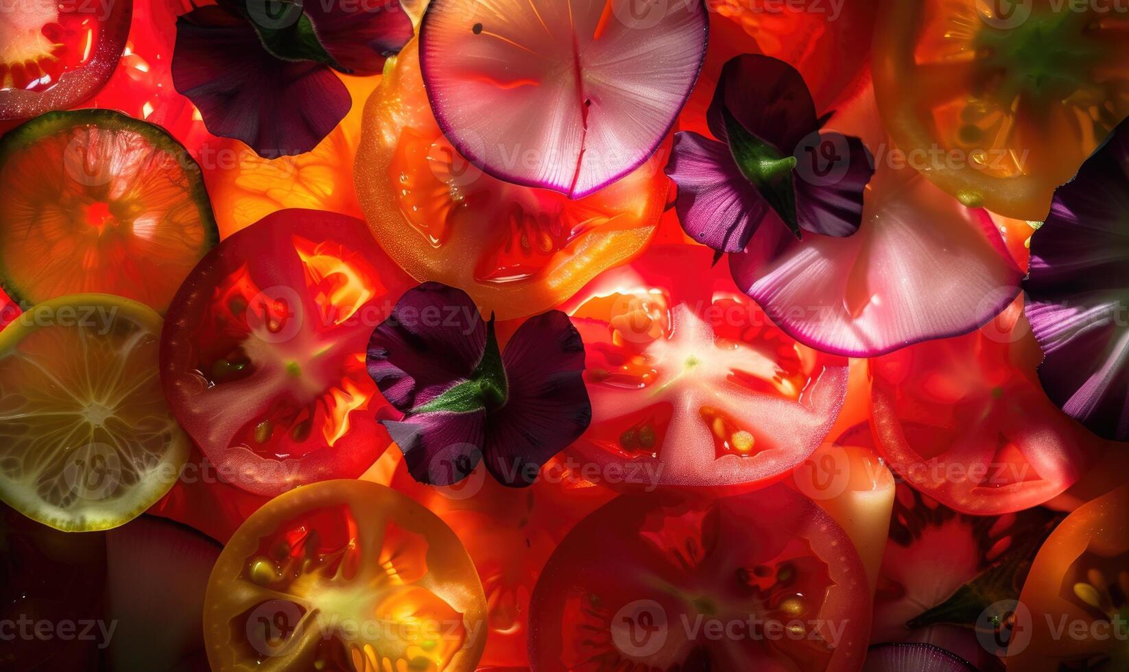 AI generated Slices of fresh tomatoes and cucumbers as background, top view photo