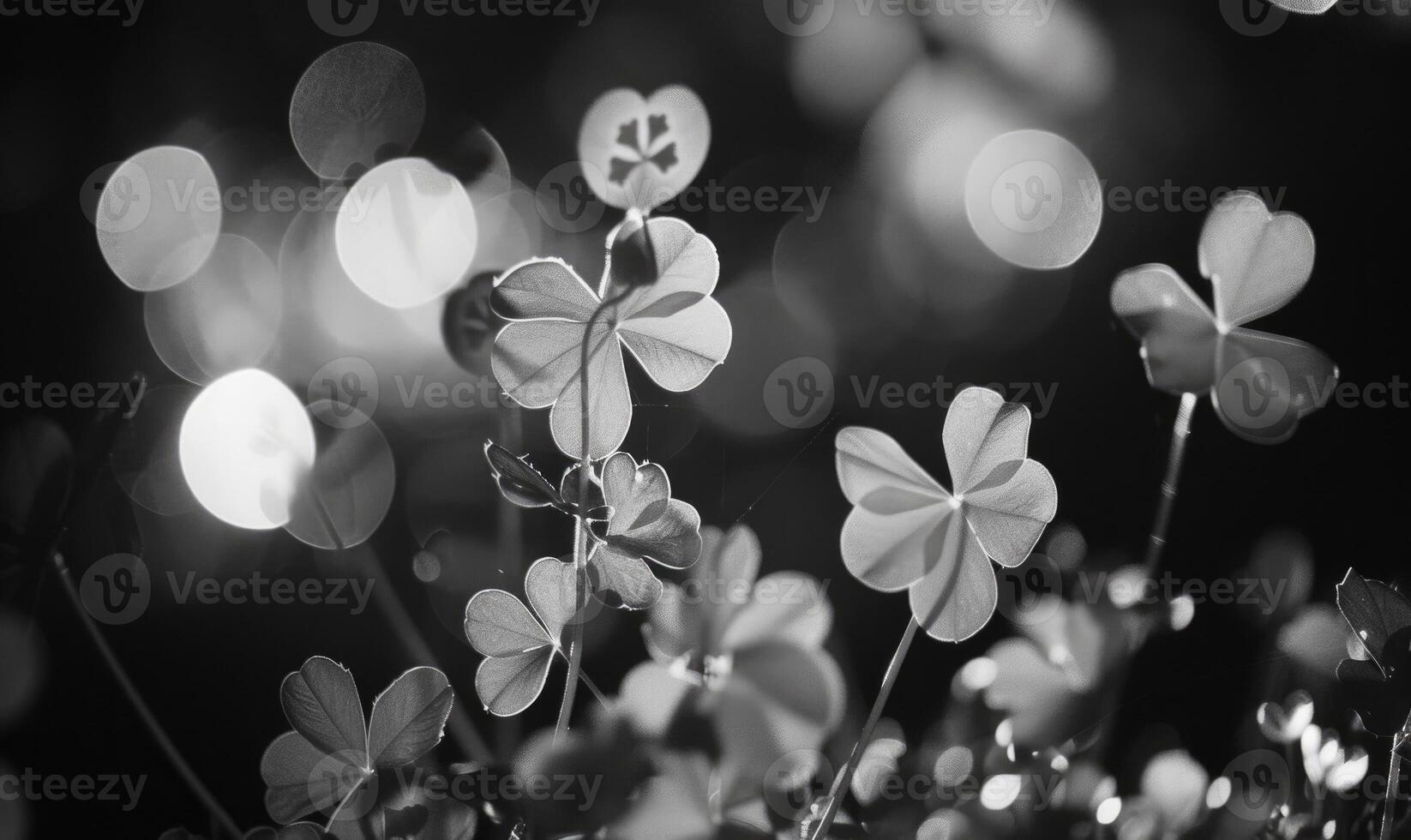 AI generated Black and white photo of clover leaves with bokeh effect