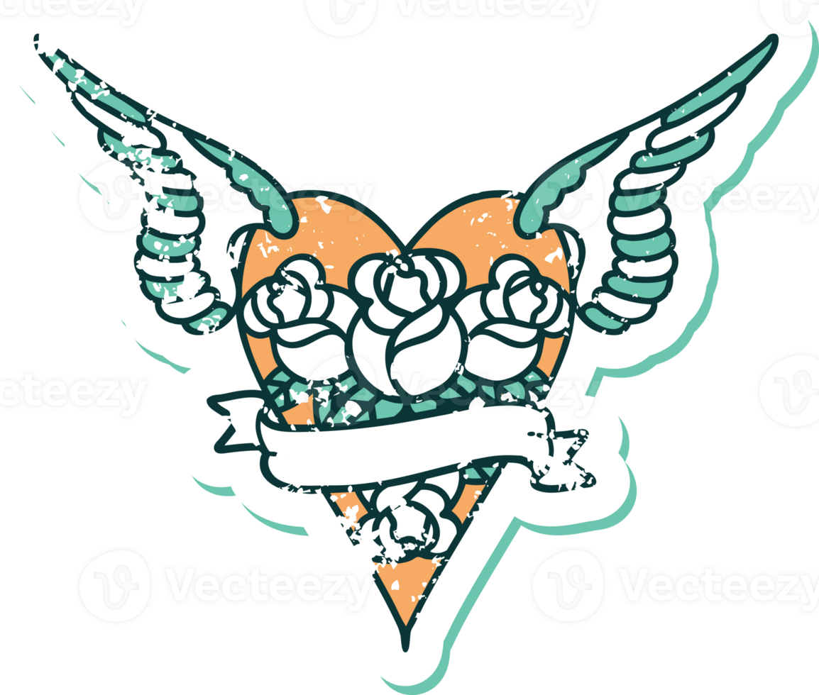 iconic distressed sticker tattoo style image of a flying heart with flowers and banner png