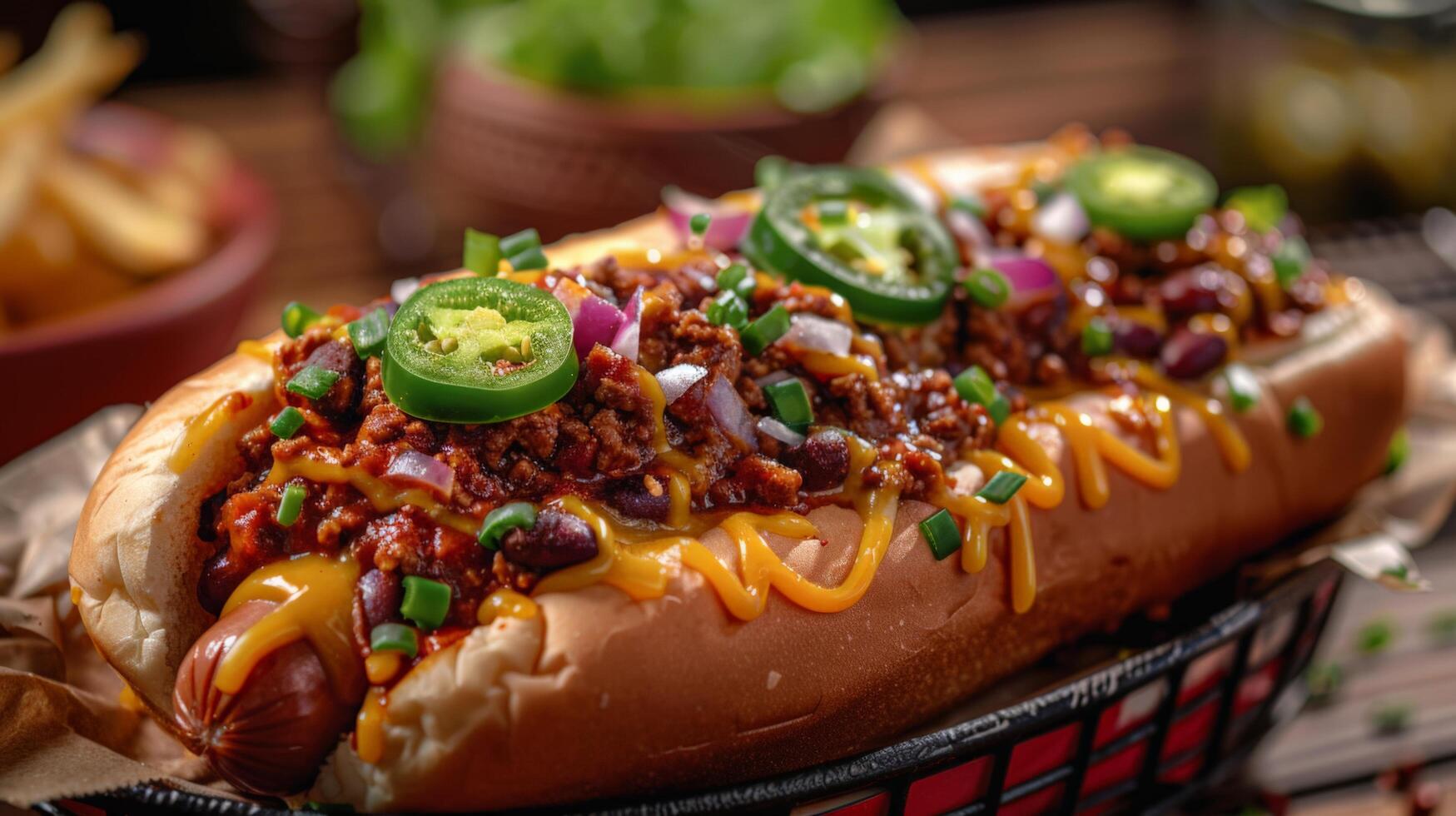 AI generated Chili Cheese Dog in Red Bowl photo