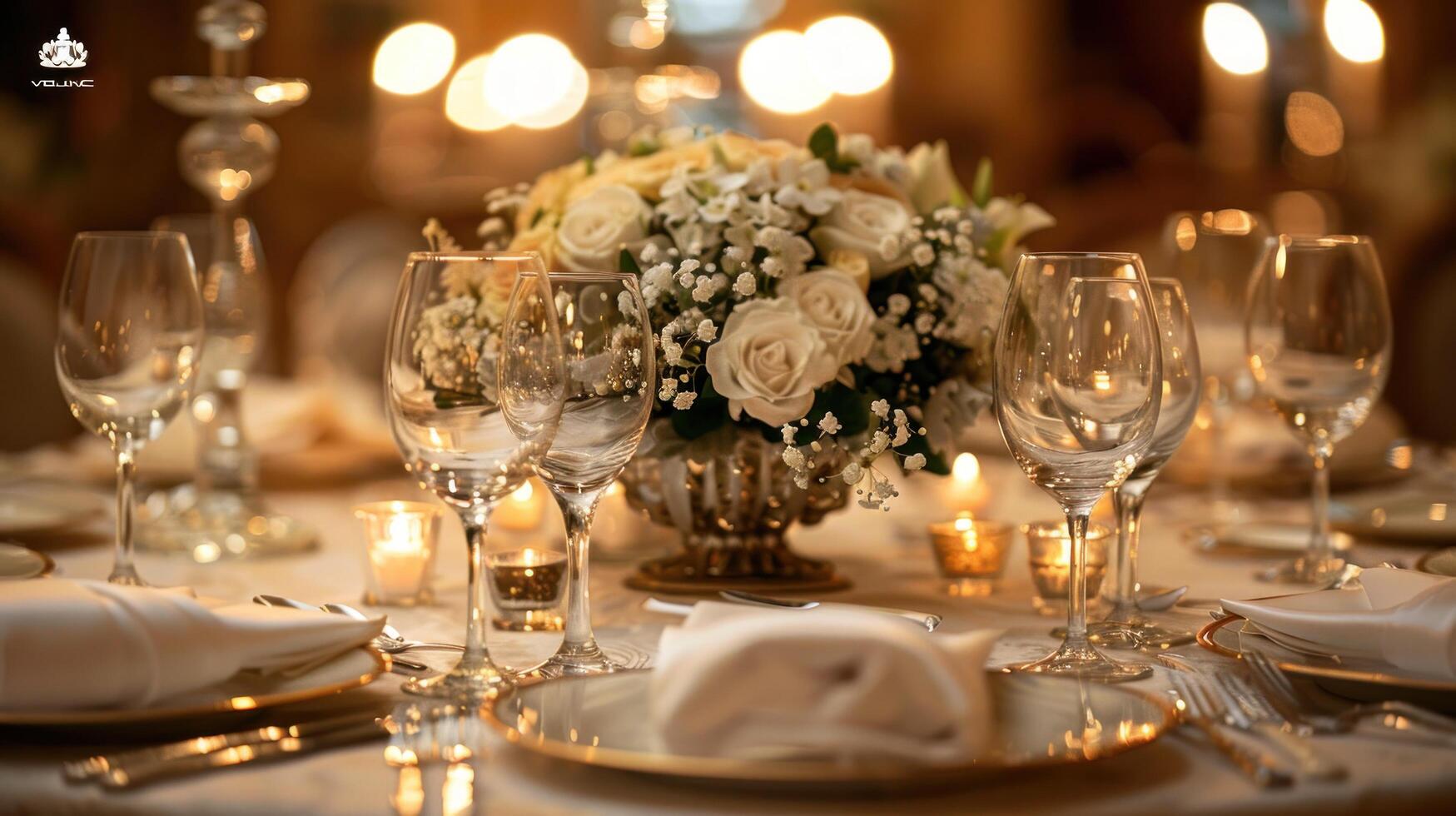 ai generado mesa conjunto con blanco flores y velas foto