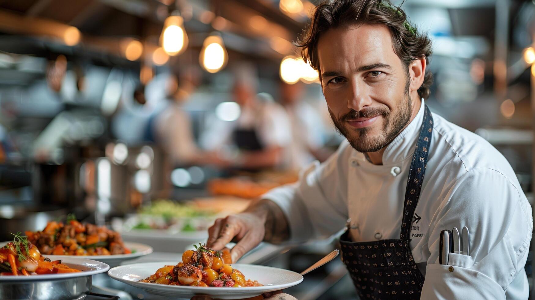 AI generated Man in Apron Holding Plate of Food photo