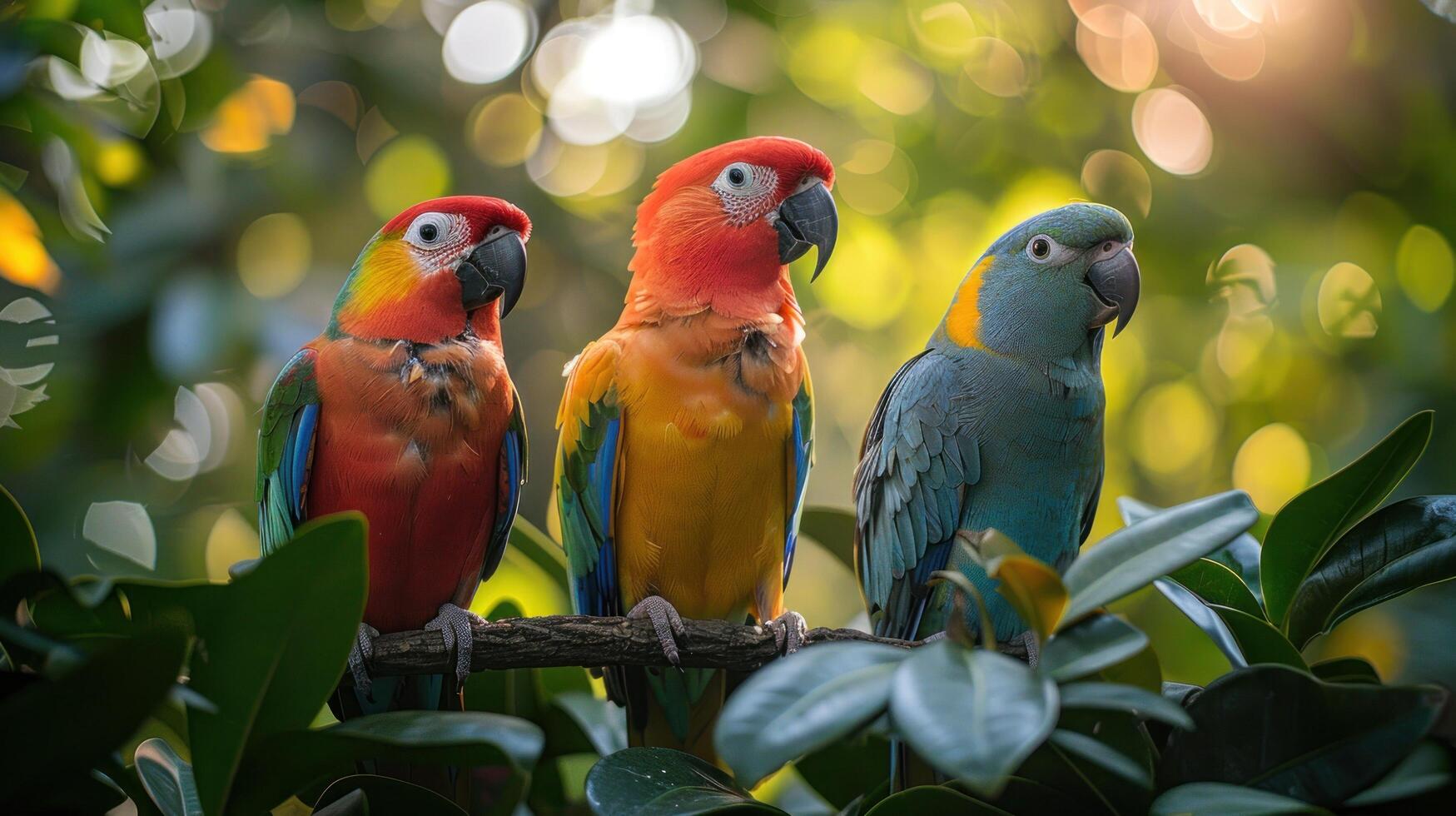 AI generated Three Colorful Birds Perched on a Tree Branch photo