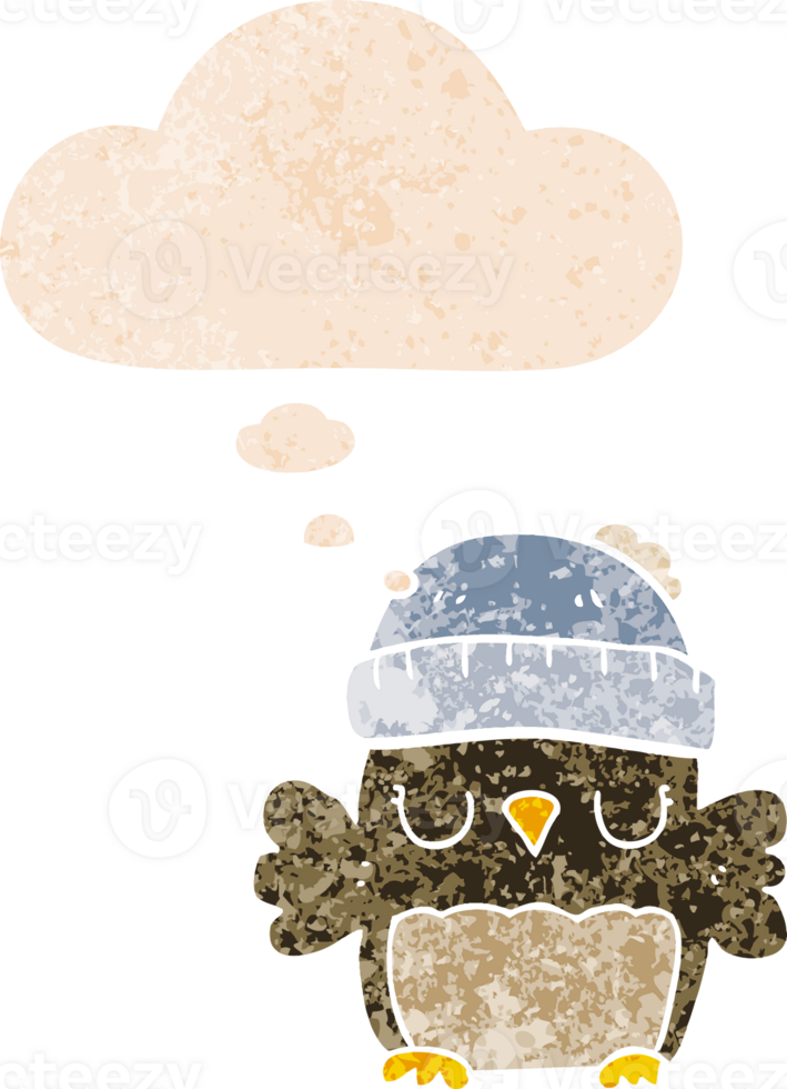 cute cartoon owl in hat with thought bubble in grunge distressed retro textured style png