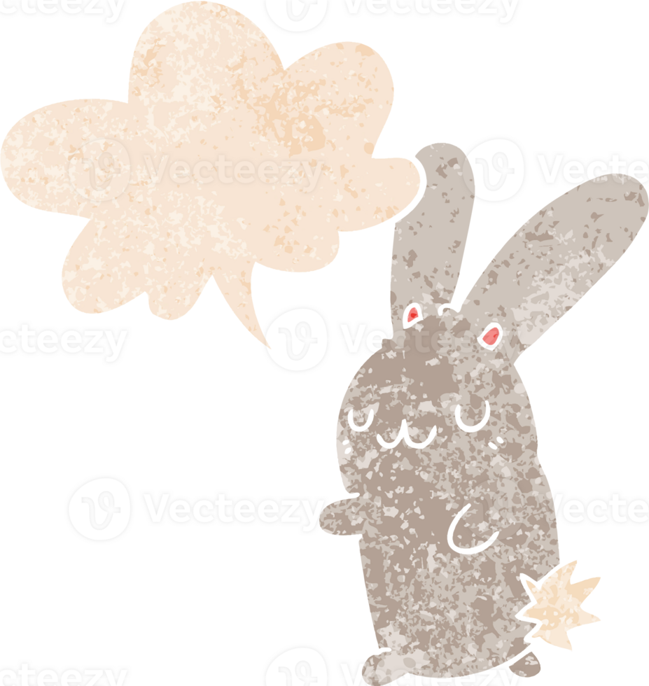cute cartoon rabbit with speech bubble in grunge distressed retro textured style png