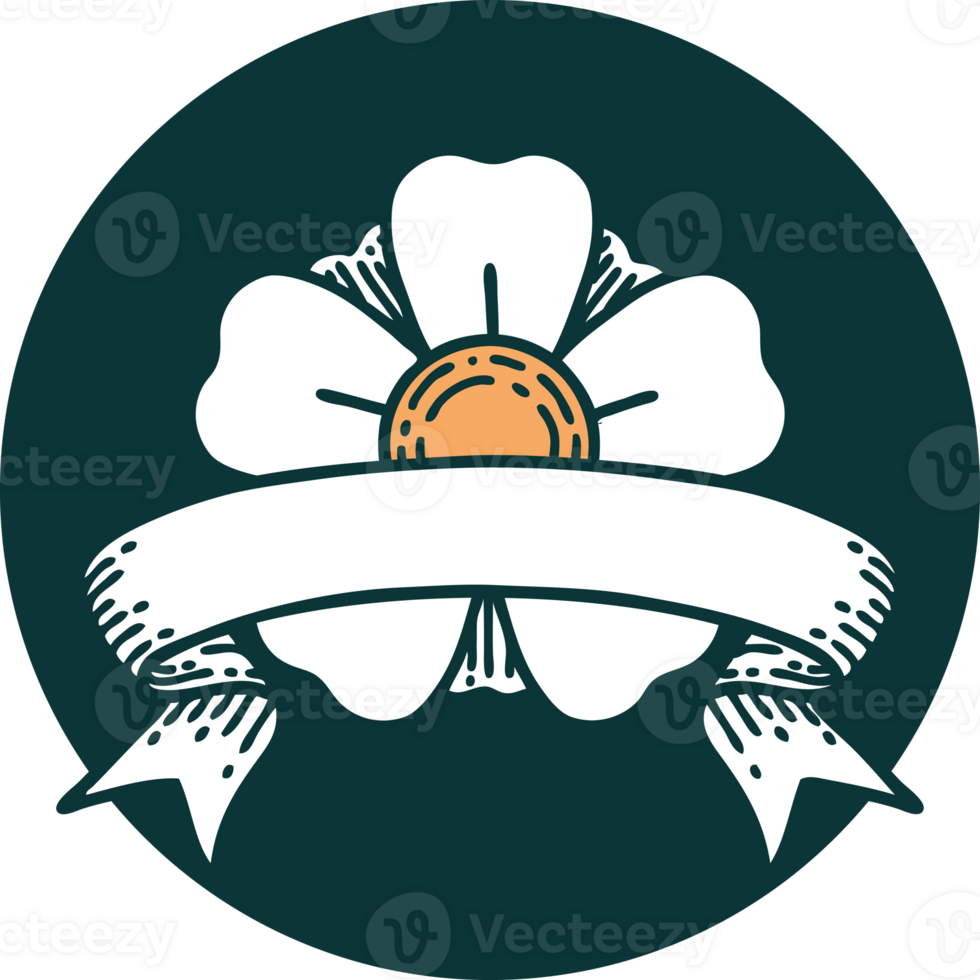 tattoo style icon with banner of a flower png