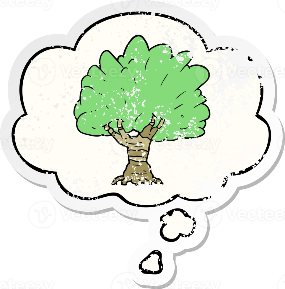 cartoon tree with thought bubble as a distressed worn sticker png