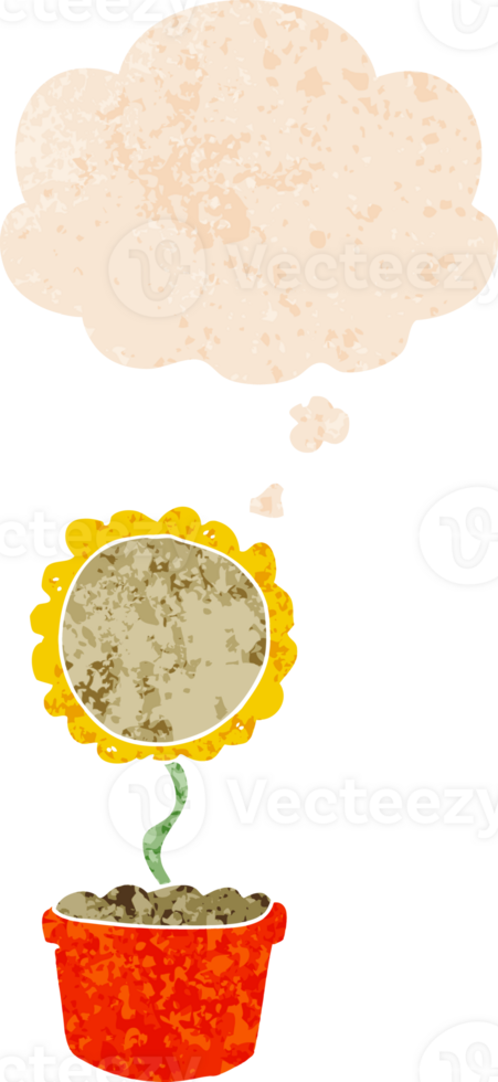 cute cartoon flower with thought bubble in grunge distressed retro textured style png