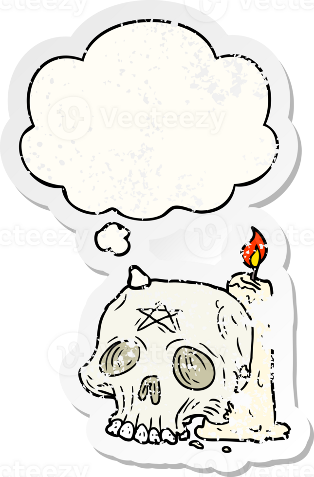 cartoon spooky skull and candle with thought bubble as a distressed worn sticker png
