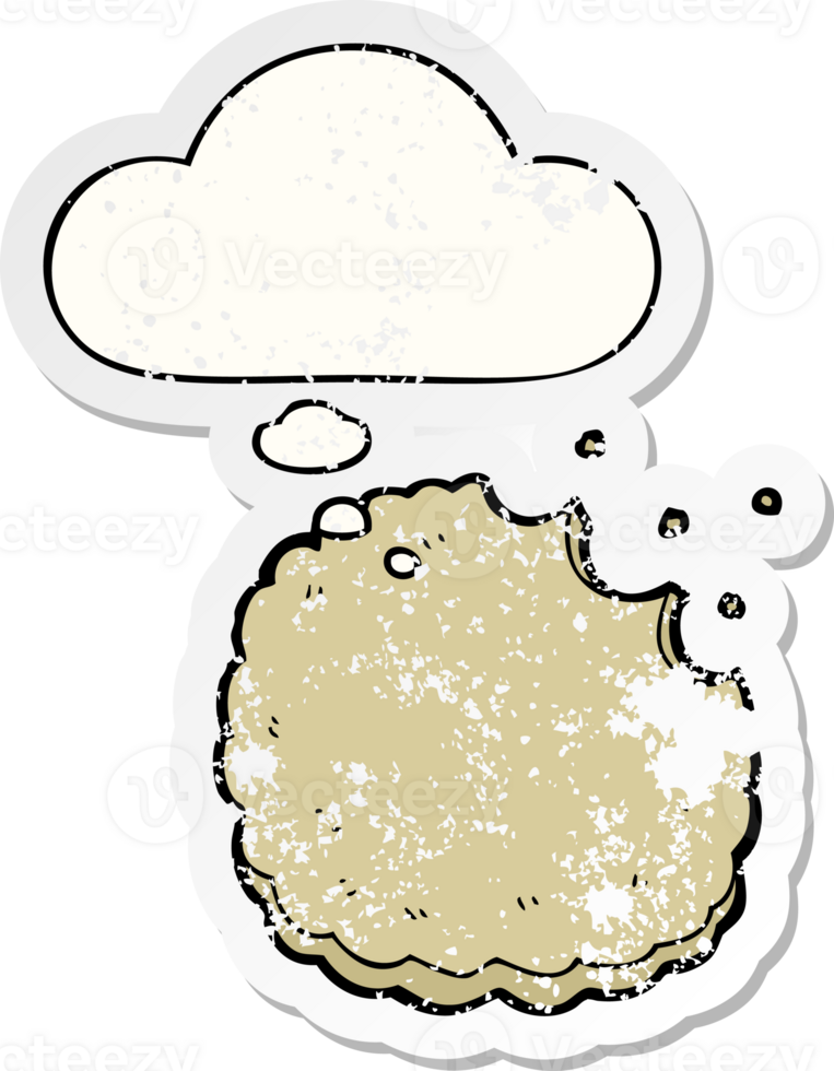 cartoon biscuit with thought bubble as a distressed worn sticker png