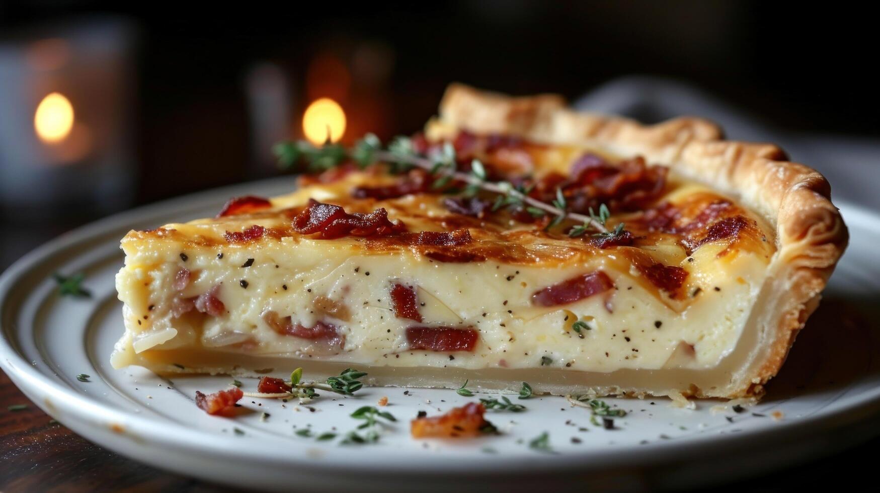 AI generated Quiche on Plate With Candle in Background photo