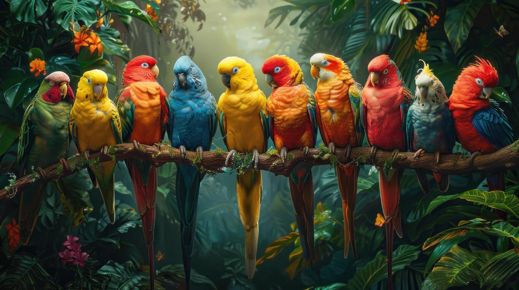 AI generated Three Colorful Birds Perched on a Tree Branch photo