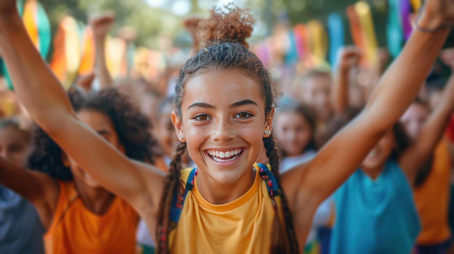 ai generado joven niña sonriente y levantamiento manos foto