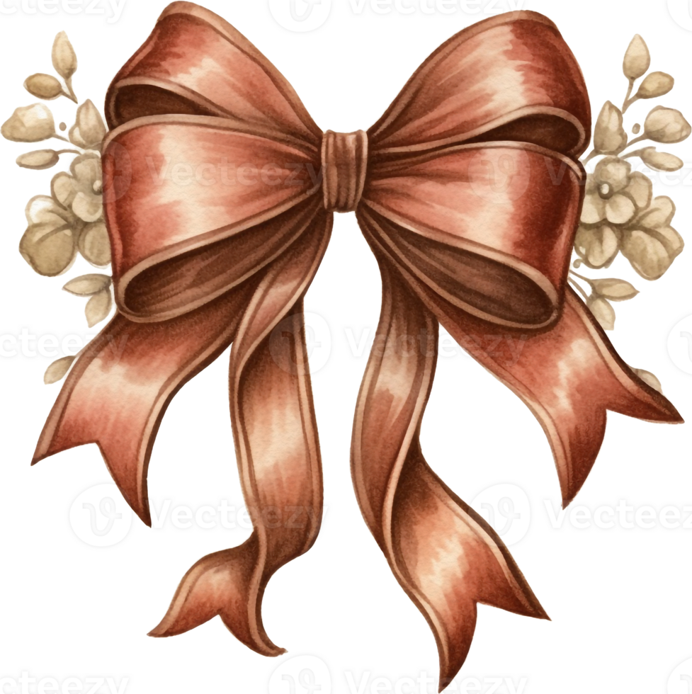 AI generated Watercolor vintage brown chocolate bow ribbon. Cottage core png