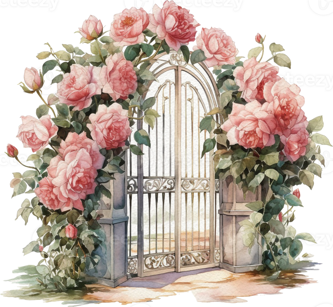 Garden wedding arch of tender flowers, branches and leaves. Hand painted watercolor illustration. png