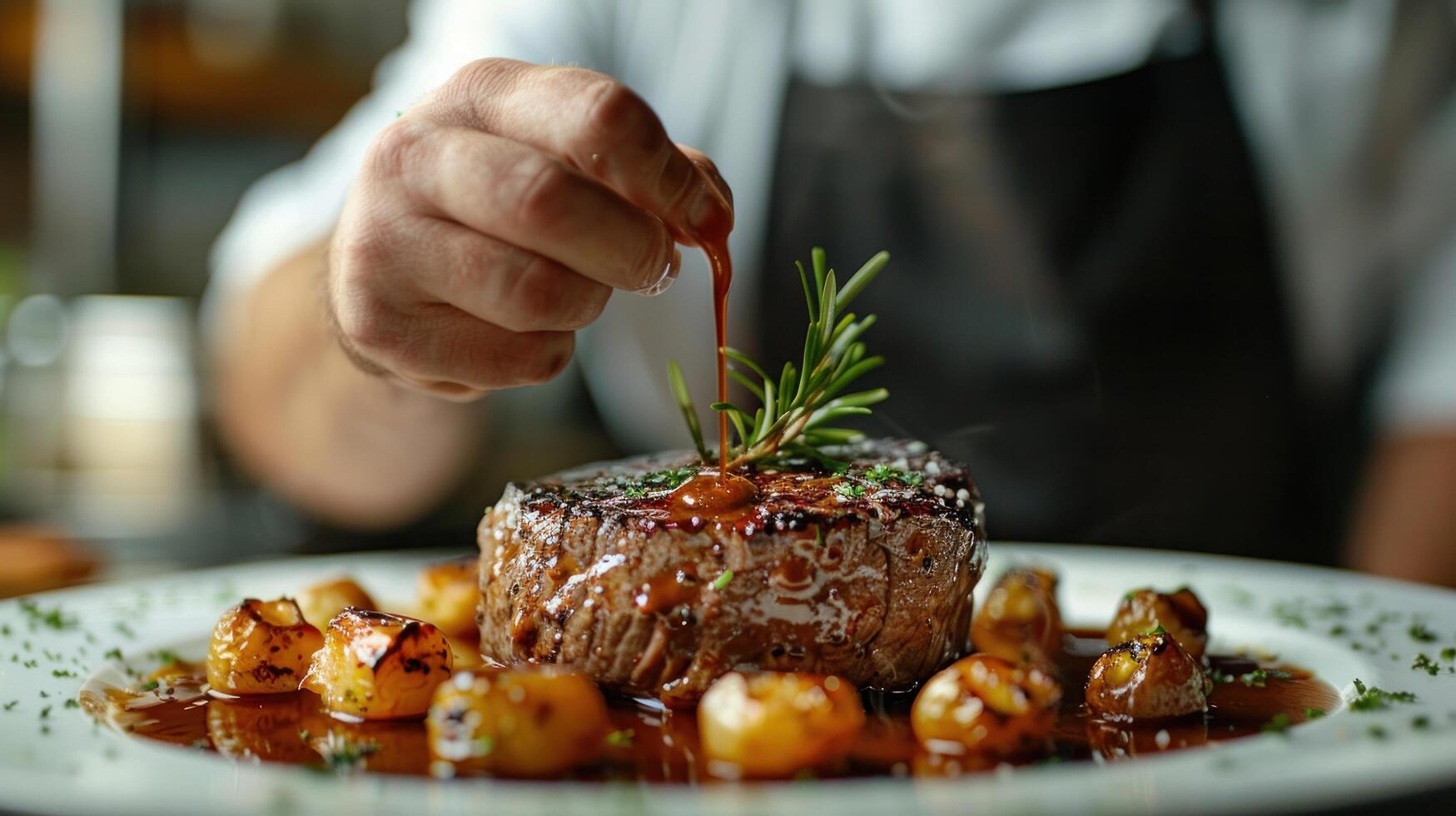 ai generado hombre poniendo salsa en pedazo de carne foto