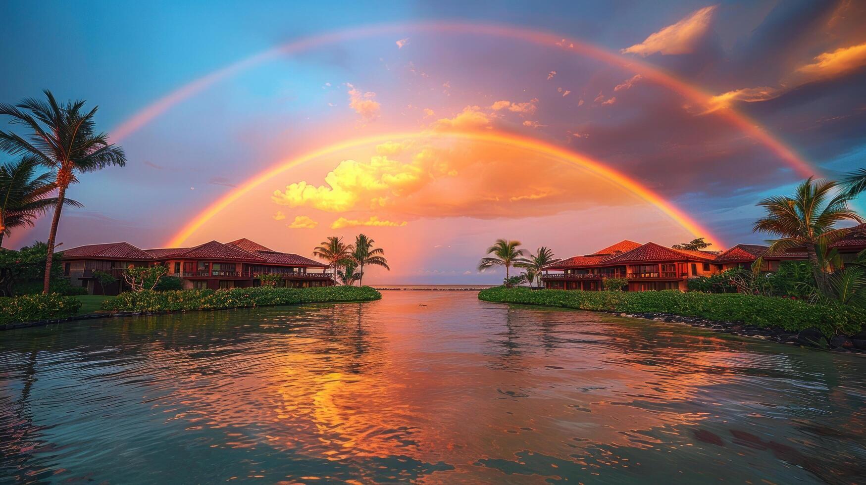 AI generated Rainbow Over Body of Water With Palm Trees photo