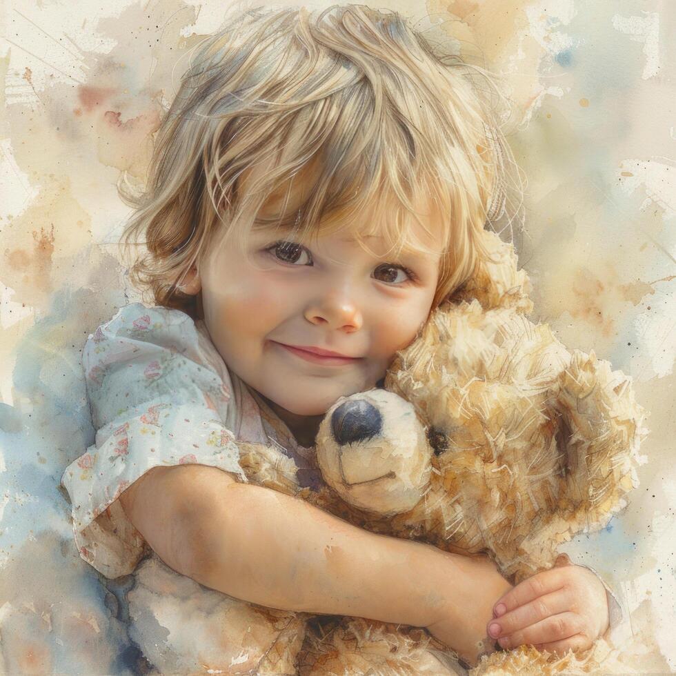 AI generated Child Holding Teddy Bear Painting photo
