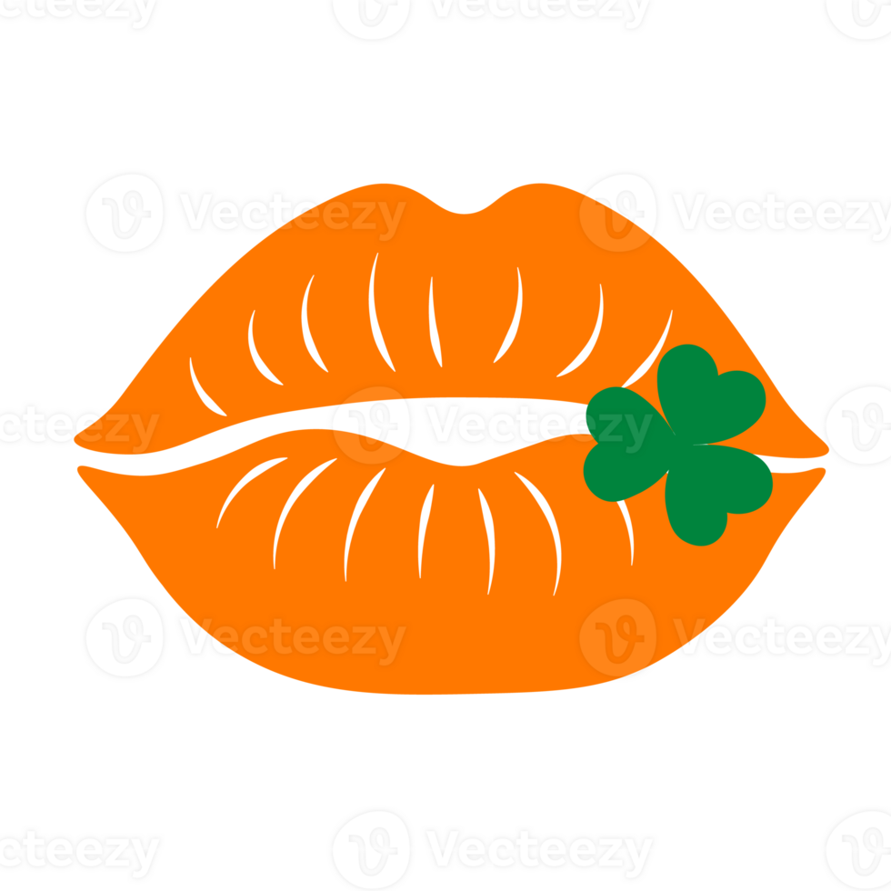Beautiful orange lips with clover leaves isolated on white background. Flat clipart image. Happy St. Patrick's Day. Vector illustration png