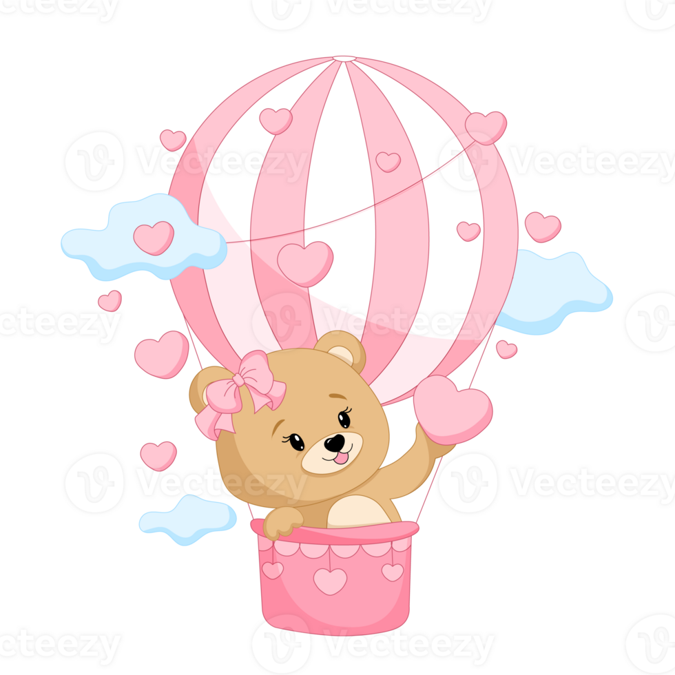 Adorable teddy bear on a hot air balloon with pink Hearts. Happy Valentine's Day. PNG