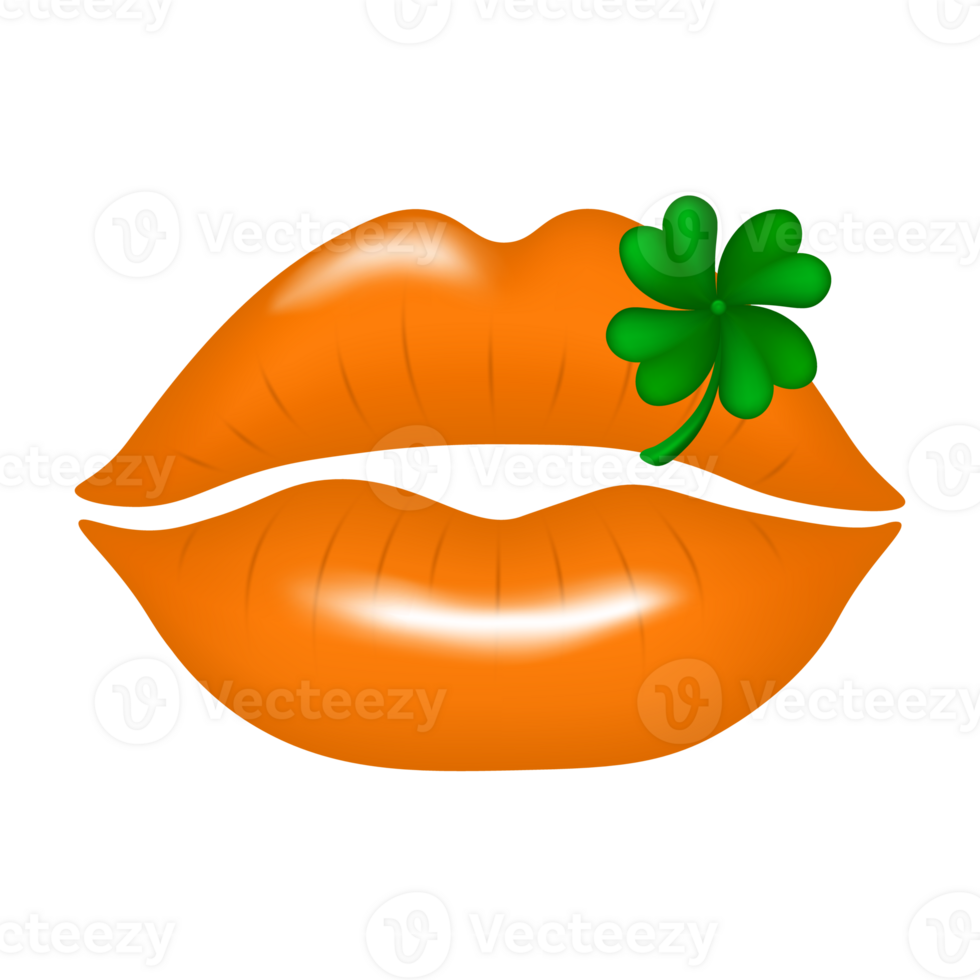 Beautiful 3d orange lips with clover leaves isolated on transparent background. Happy St. Patrick's Day. Vector illustration png