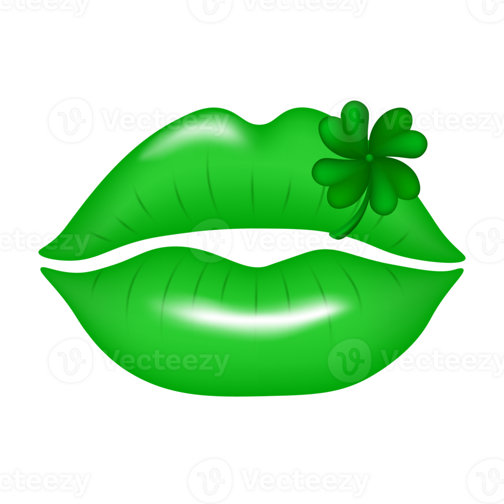 Beautiful 3d green lips with four-leaf clover. PNG