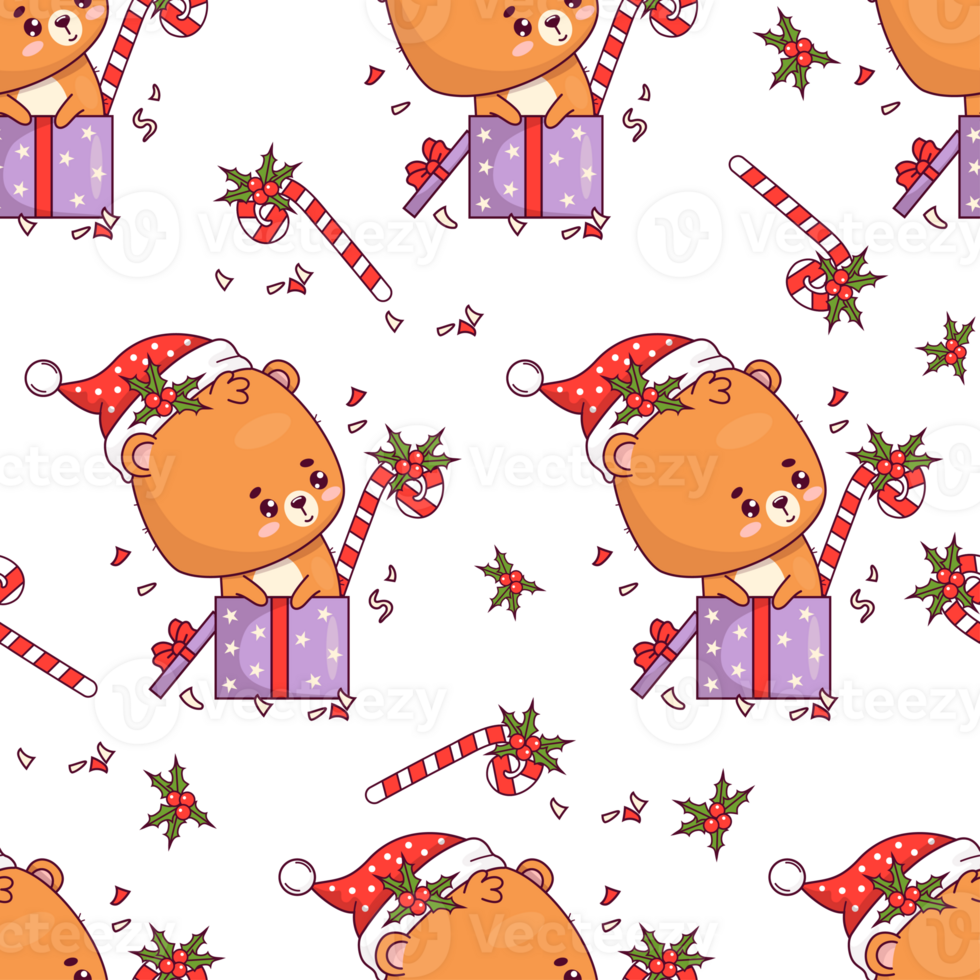 Seamless pattern with Christmas little bear  in gift box png