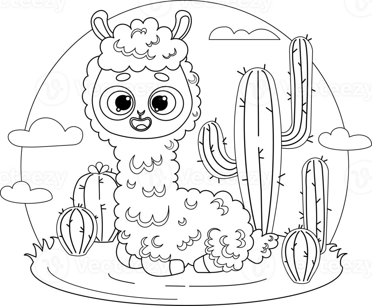 Cute Llama Alpaca. Line drawing png