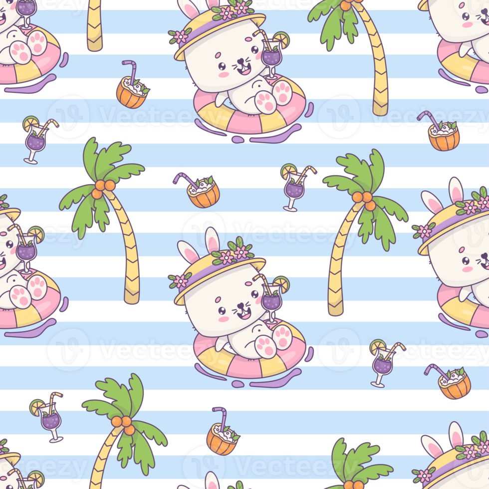 Seamless pattern. Happy bunny girl swims on rubber circle png