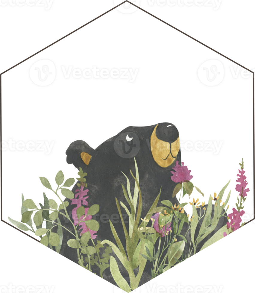 Simple drawing of a bear in wildflowers, honey label png