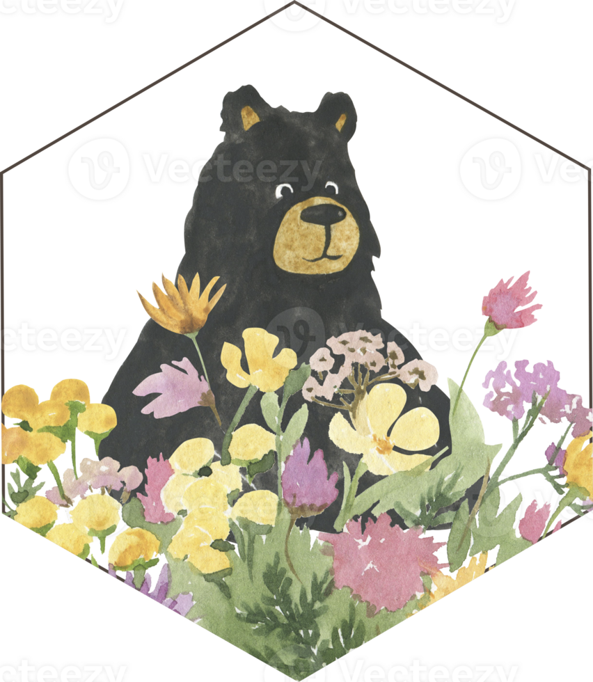 Simple drawing of a bear in wildflowers png