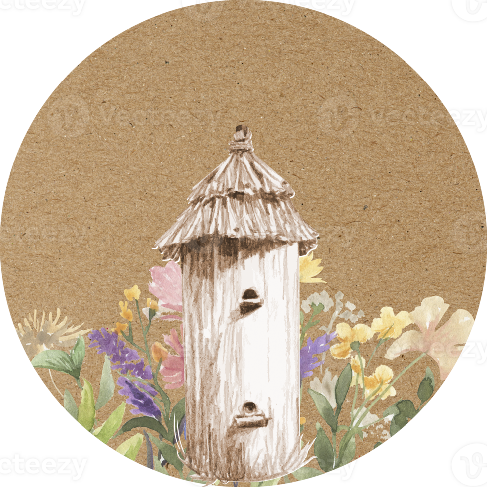 Drawing of a beehive on a craft paper background with watercolor flowers png