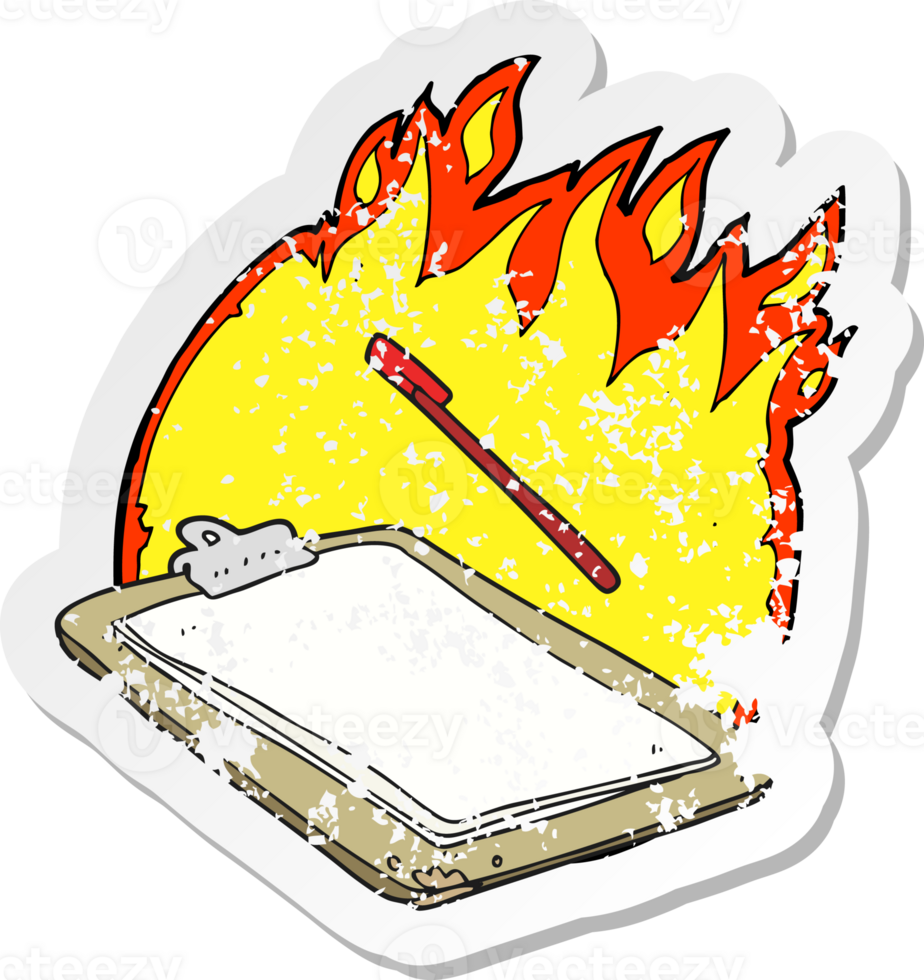 retro distressed sticker of a cartoon clip board on fire png