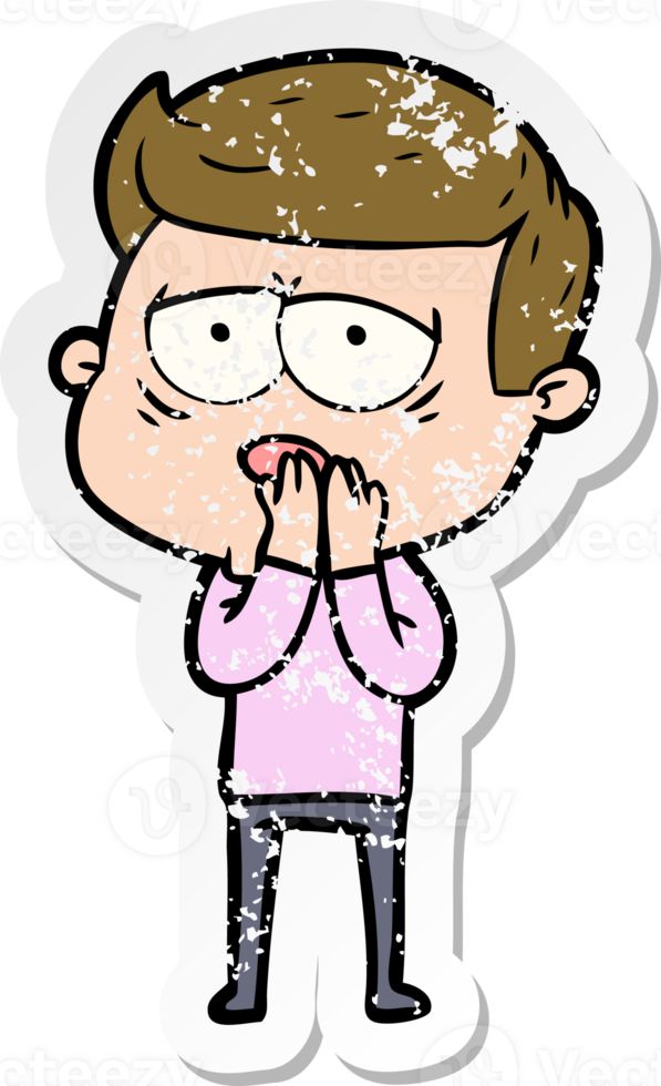 distressed sticker of a cartoon tired man png