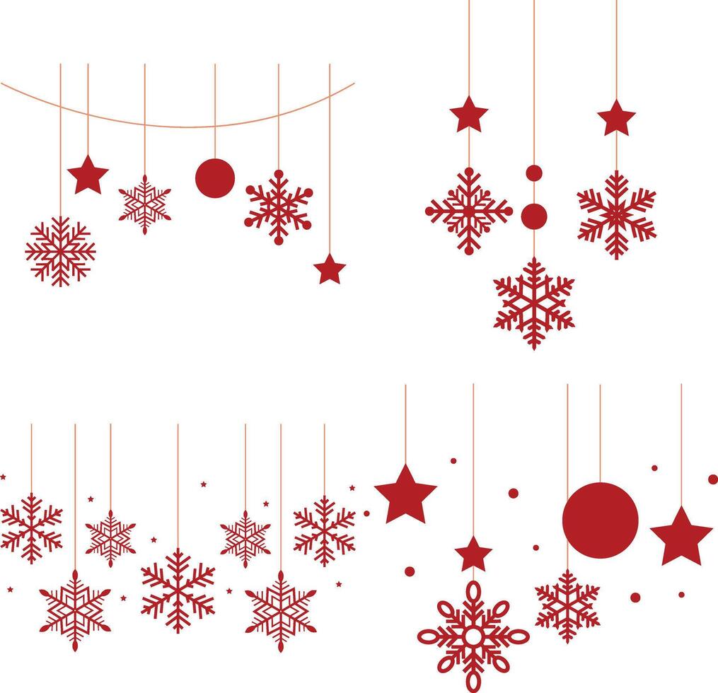 Set of Christmas Snowflakes Hanging. Isolated on White Background, FLat Vector Icon