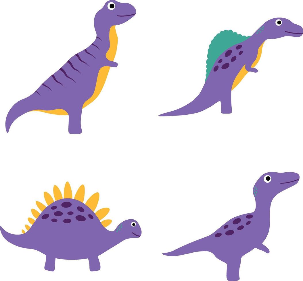 Adorable Dinosaurs Illustration. Flat Cartoon Style. Isolated Vector Set.