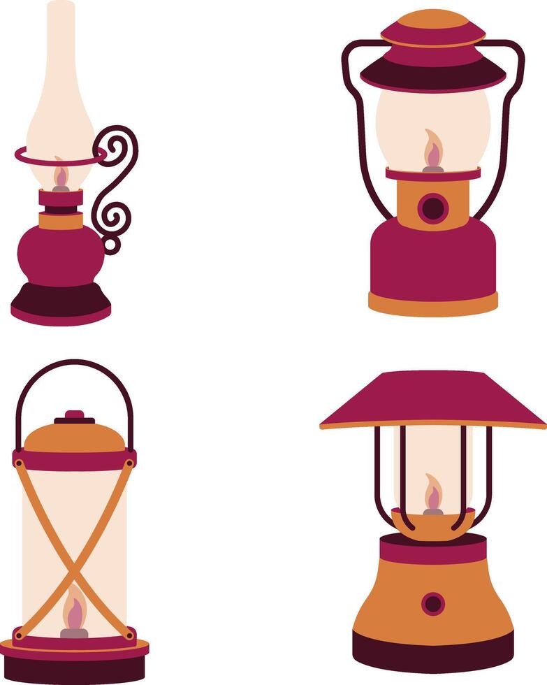 Collection of Camping Lantern Lamp Illustration. Classic Design Style. Isolated Vector