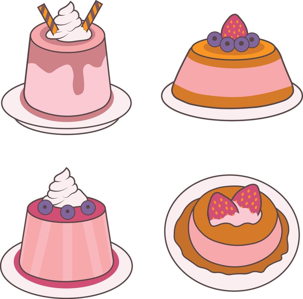 Sweet Pudding Dessert in Cute Cartoon Shapes. Isolated on White Background. Vector Illustration