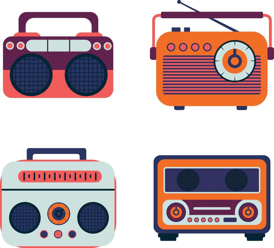 Old Radio Stereo. Classic Cartoon Style. Vector Illustration Set.