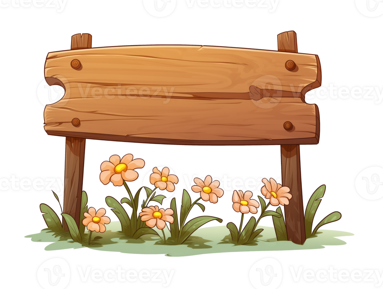 AI generated Wooden sign with flowers, no message, cartoon style, isolated on a transparent background. png