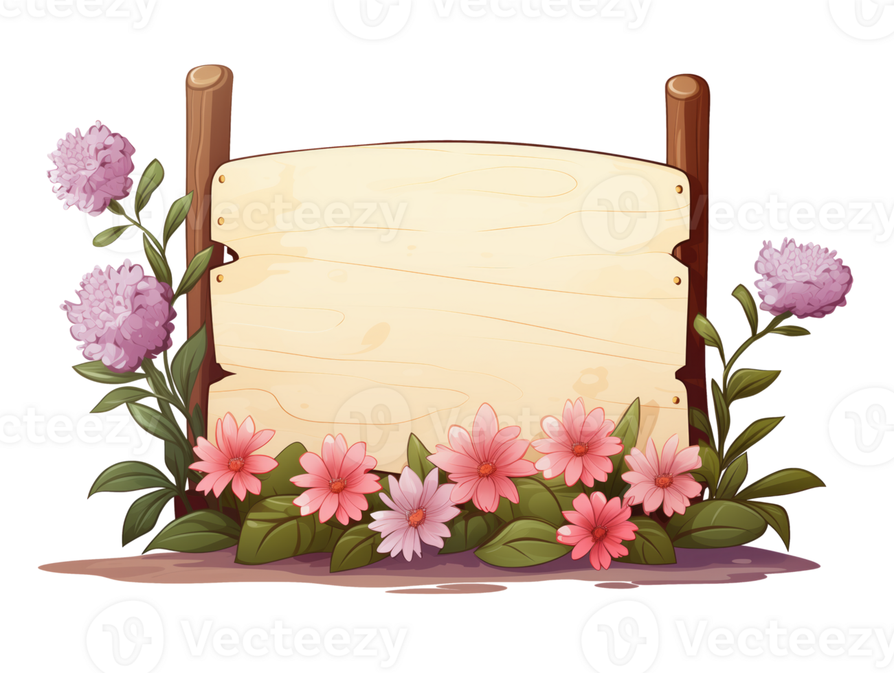 AI generated Wooden sign with flowers, no message, cartoon style, isolated on a transparent background. png