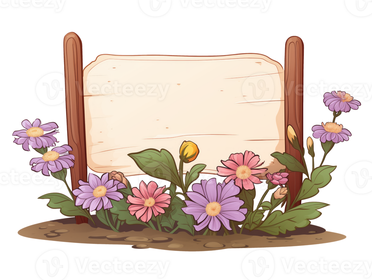 AI generated Wooden sign with flowers, no message, cartoon style, isolated on a transparent background. png