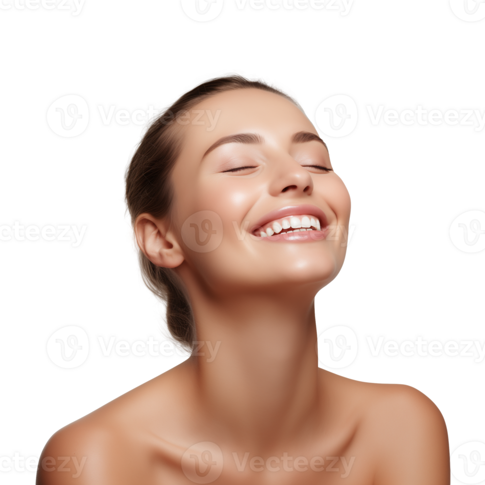 AI generated Portrait of young beautiful woman with perfect smooth skin, Perfect face, taking care after skin condition. Isolated on a transparent background. png