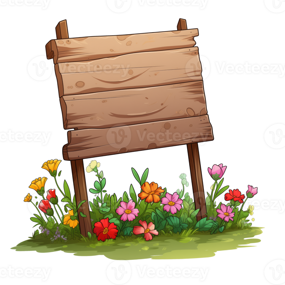 AI generated Wooden sign with flowers, no message, cartoon style, isolated on a transparent background. png