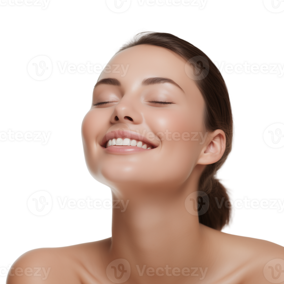 AI generated Portrait of young beautiful woman with perfect smooth skin, Perfect face, taking care after skin condition. Isolated on a transparent background. png