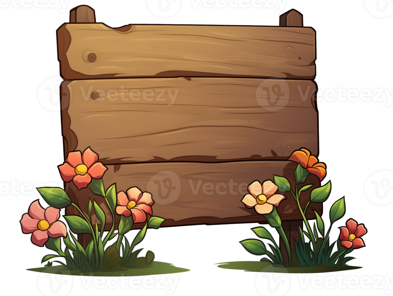 AI generated Wooden sign with flowers, no message, cartoon style, isolated on a transparent background. png