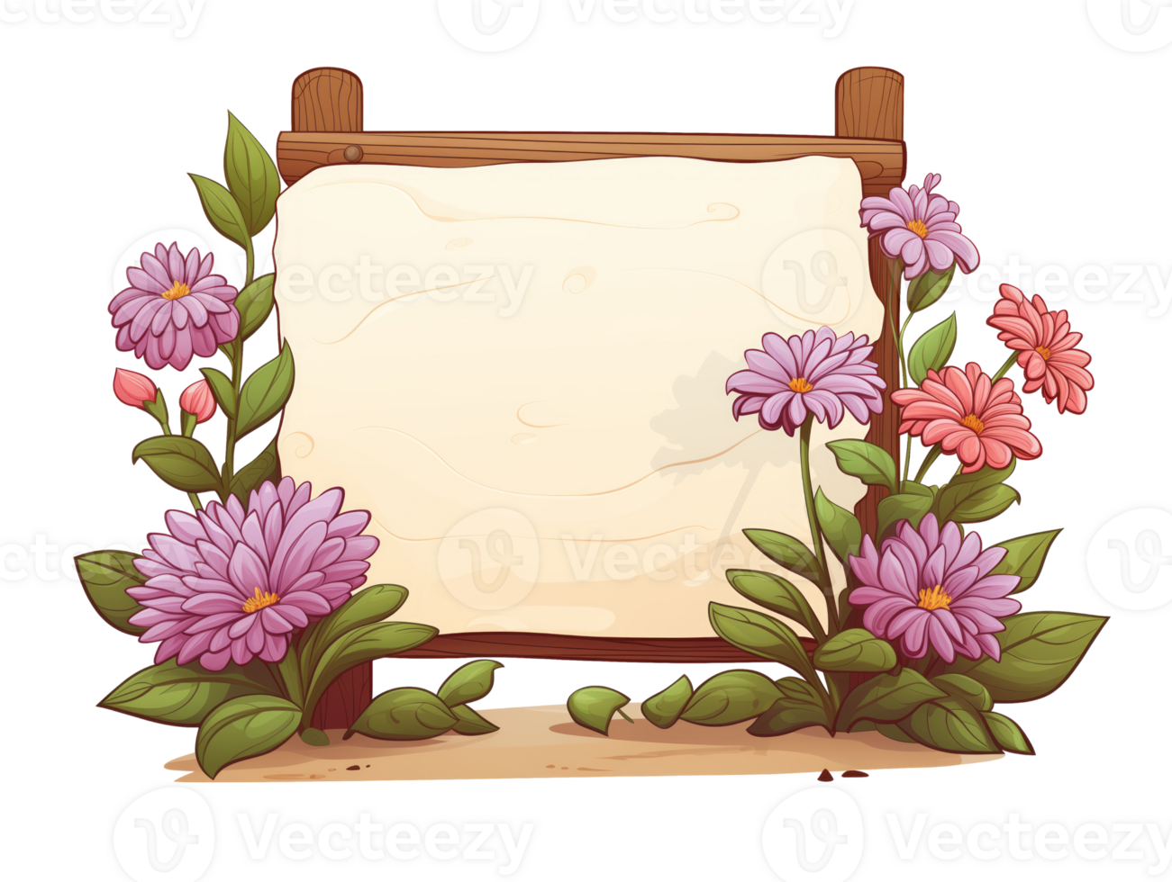 AI generated Wooden sign with flowers, no message, cartoon style, isolated on a transparent background. png